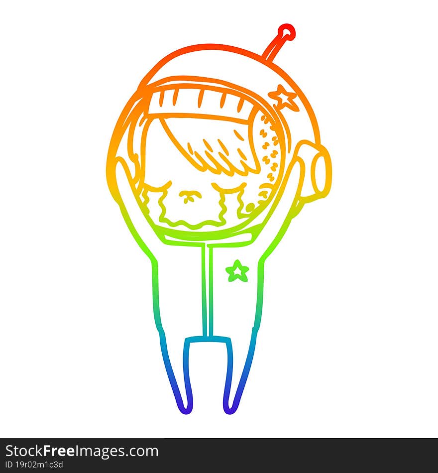 rainbow gradient line drawing cartoon crying astronaut girl