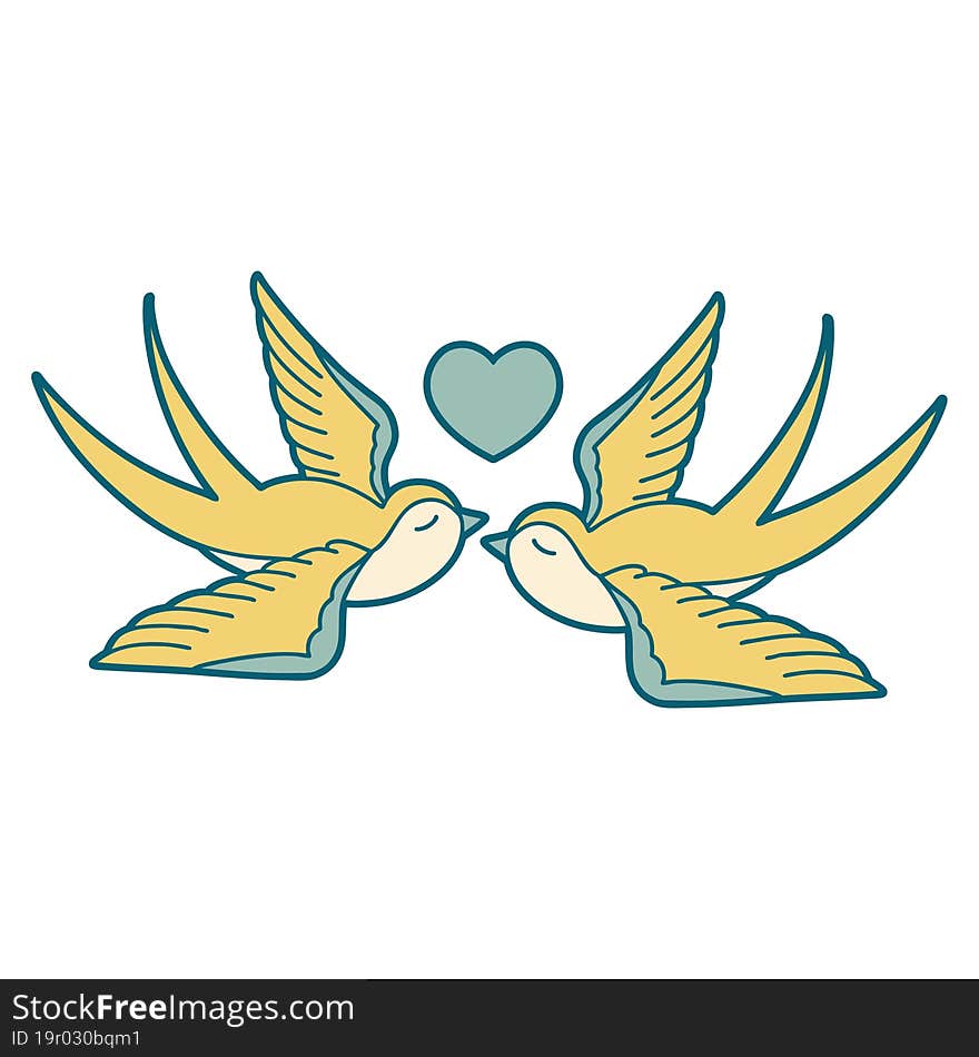 iconic tattoo style image of swallows and a heart. iconic tattoo style image of swallows and a heart