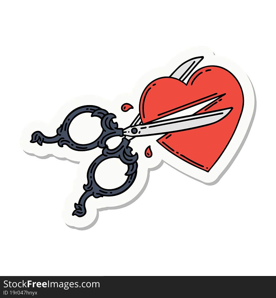 sticker of tattoo in traditional style of scissors cutting a heart. sticker of tattoo in traditional style of scissors cutting a heart