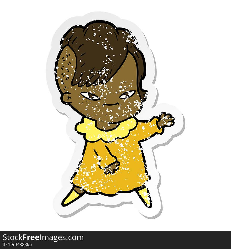 distressed sticker of a cute cartoon girl with hipster haircut