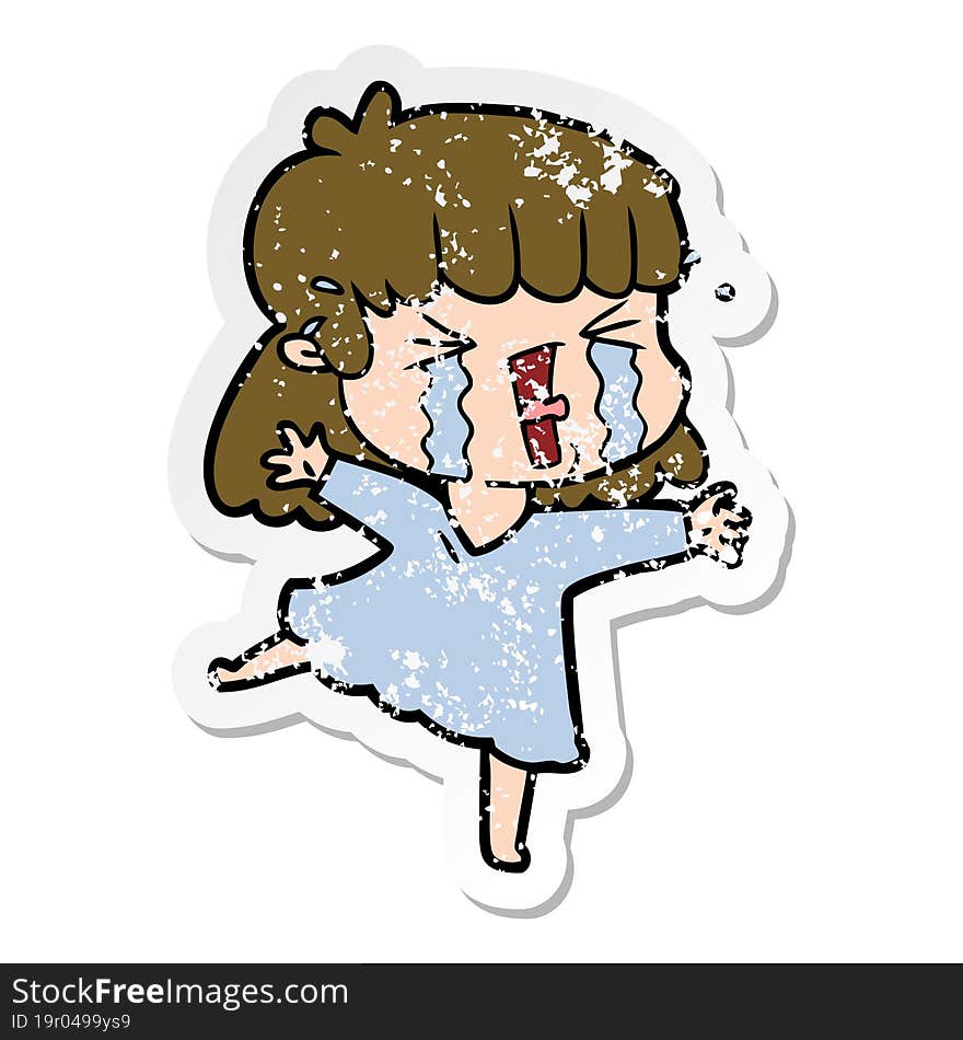 Distressed Sticker Of A Cartoon Woman In Tears