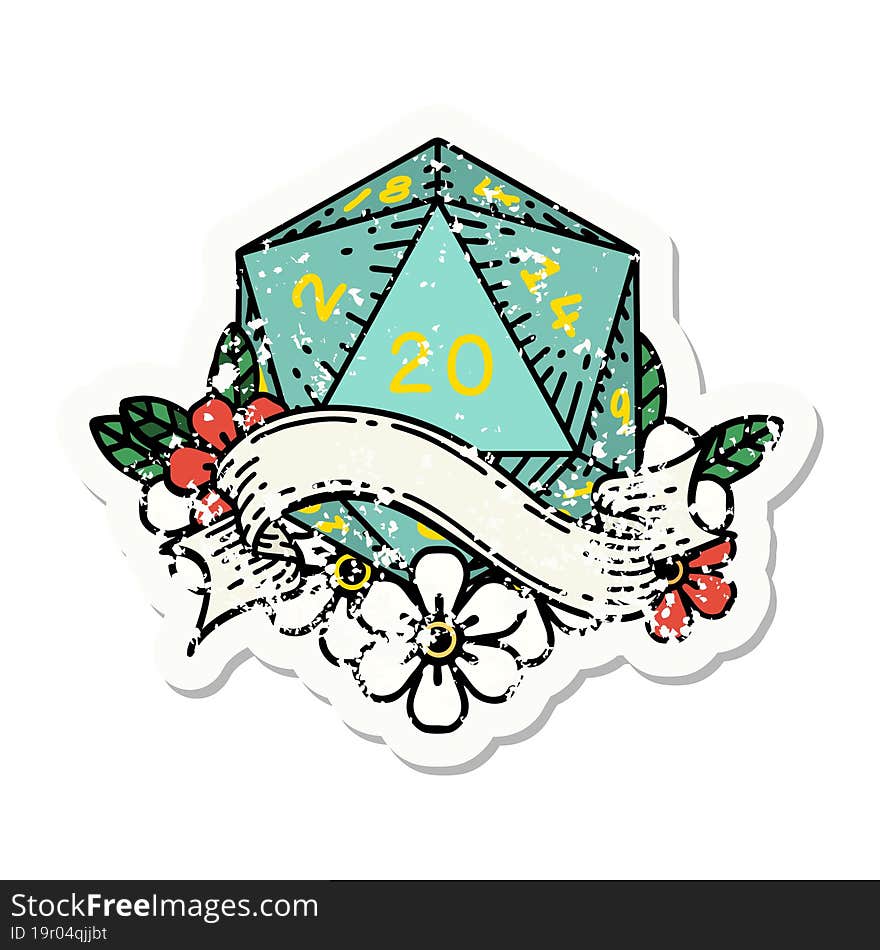 Natural Twenty D20 Dice Roll Grunge Sticker