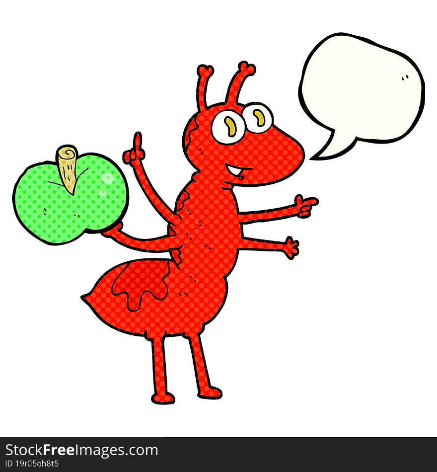 freehand drawn comic book speech bubble cartoon ant with apple