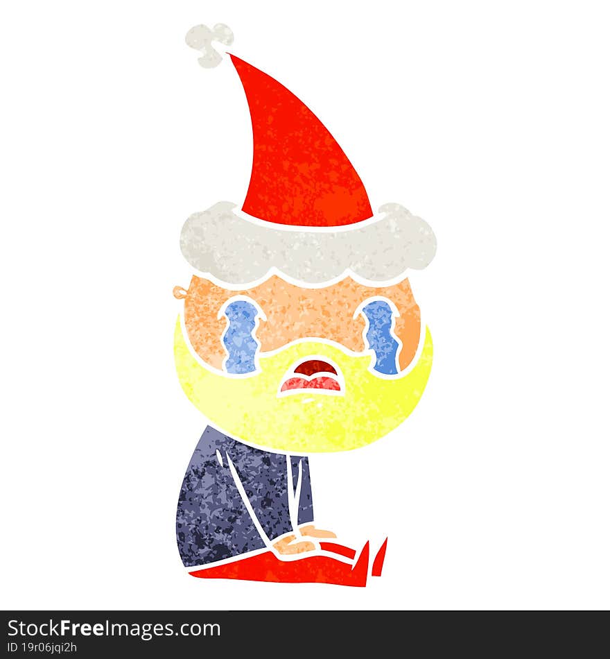 hand drawn retro cartoon of a bearded man crying wearing santa hat