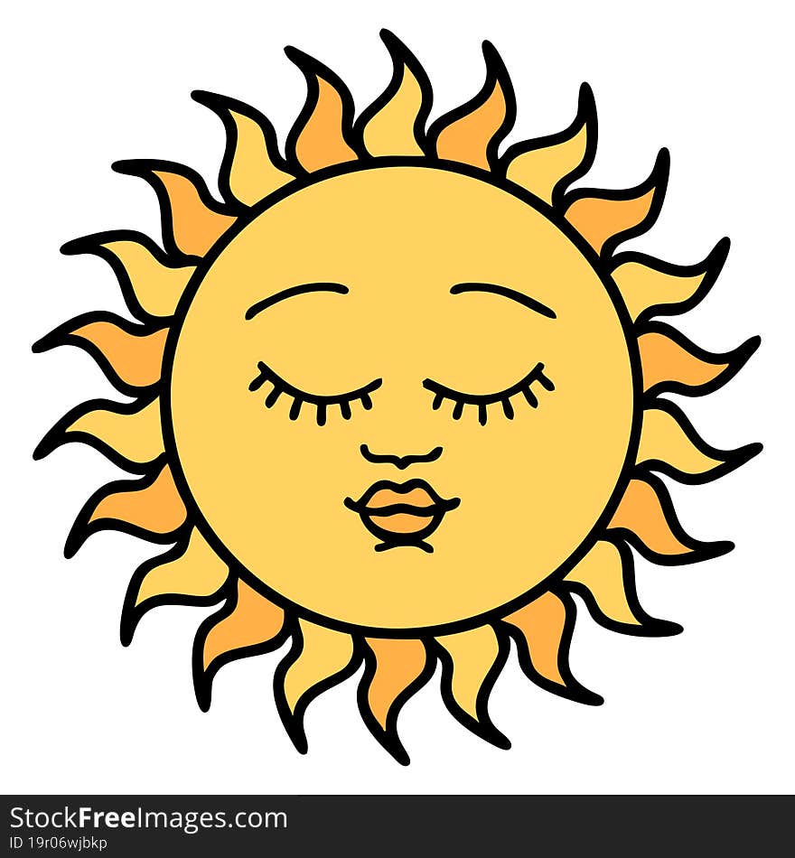 tattoo in traditional style of a sun with face. tattoo in traditional style of a sun with face