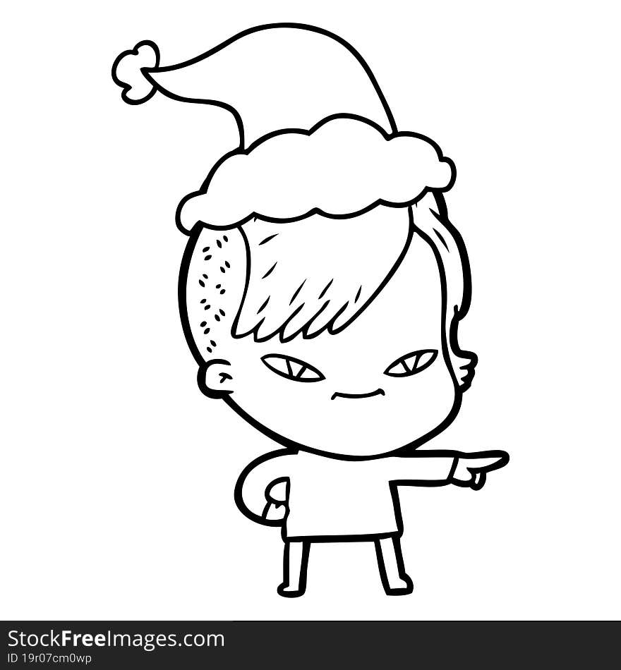 cute hand drawn line drawing of a girl with hipster haircut wearing santa hat