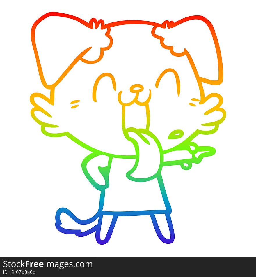 rainbow gradient line drawing of a cartoon panting dog in dress