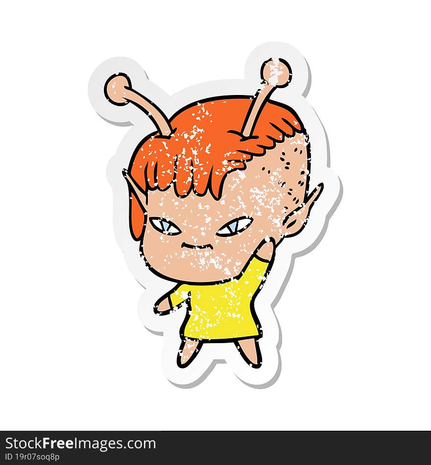 distressed sticker of a cute cartoon alien girl