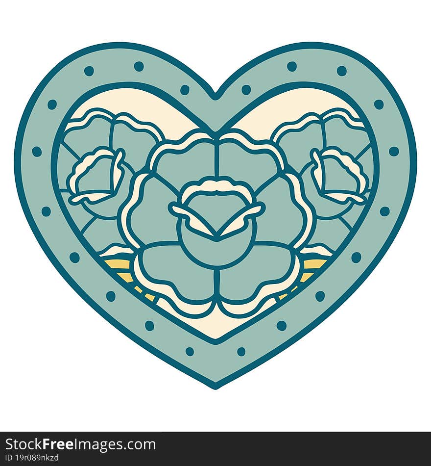 iconic tattoo style image of a heart and flowers. iconic tattoo style image of a heart and flowers