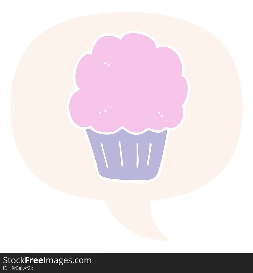 cartoon cupcake and speech bubble in retro style