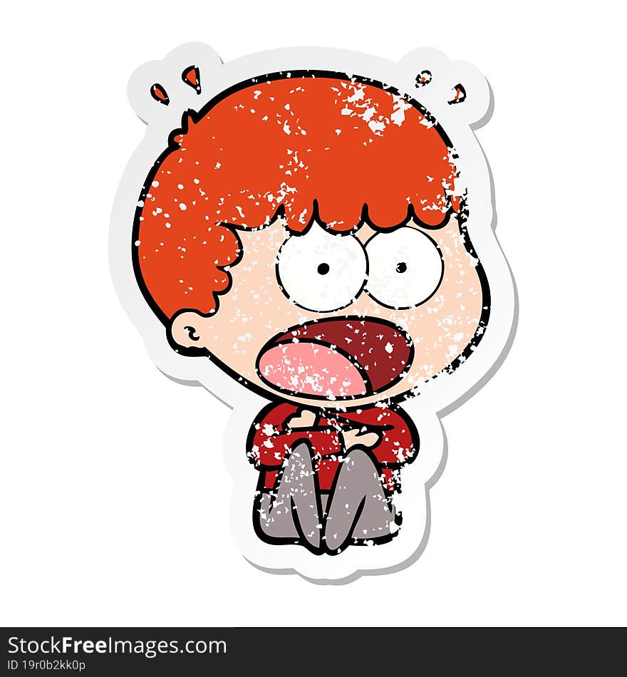 distressed sticker of a cartoon shocked man