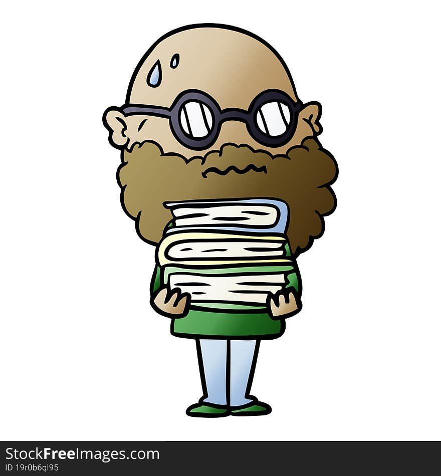 cartoon worried man with beard and stack of books. cartoon worried man with beard and stack of books