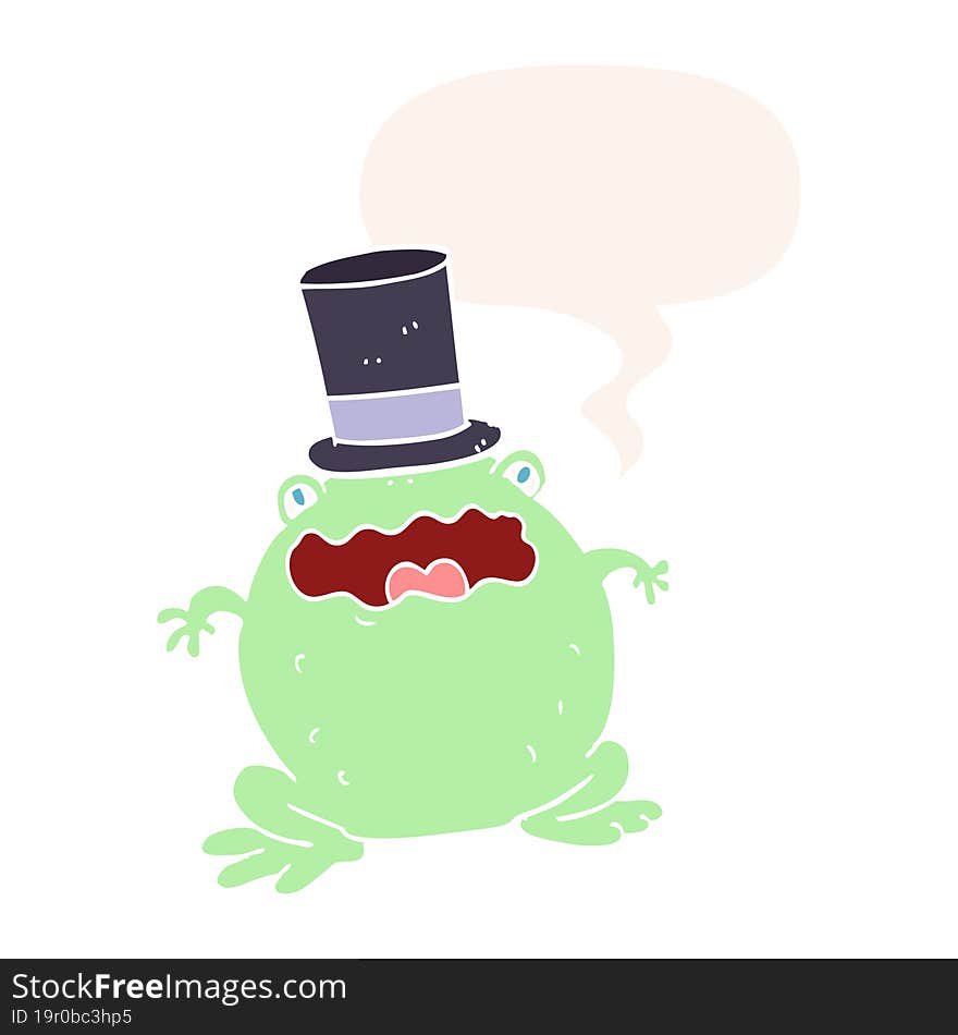 cartoon toad wearing top hat with speech bubble in retro style