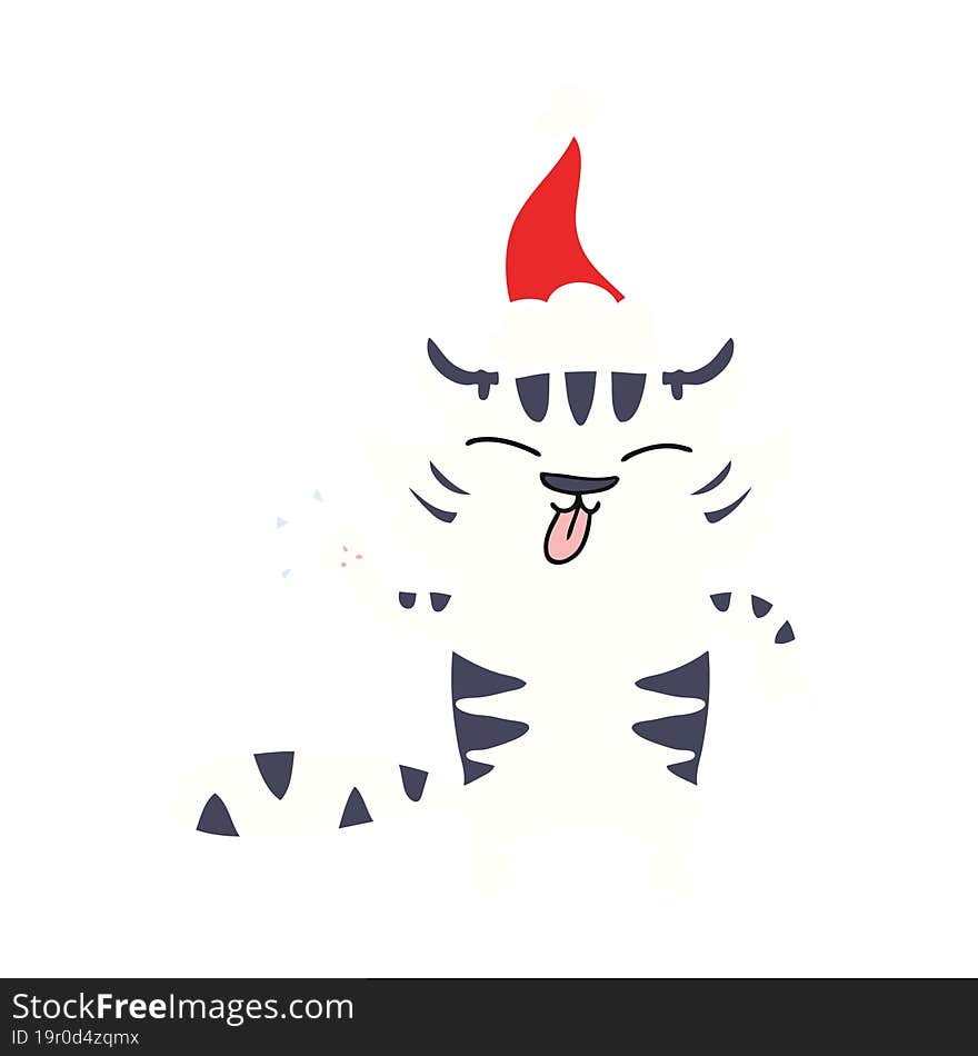 hand drawn flat color illustration of a white tiger wearing santa hat