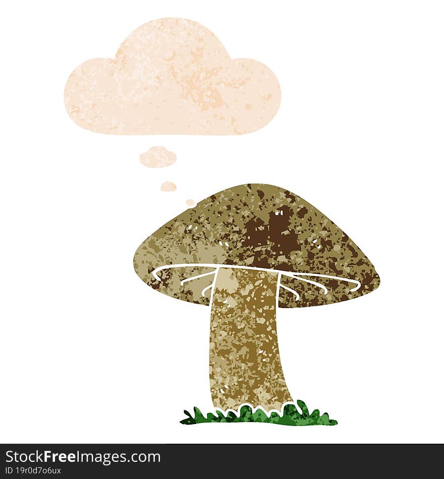 cartoon mushroom with thought bubble in grunge distressed retro textured style. cartoon mushroom with thought bubble in grunge distressed retro textured style