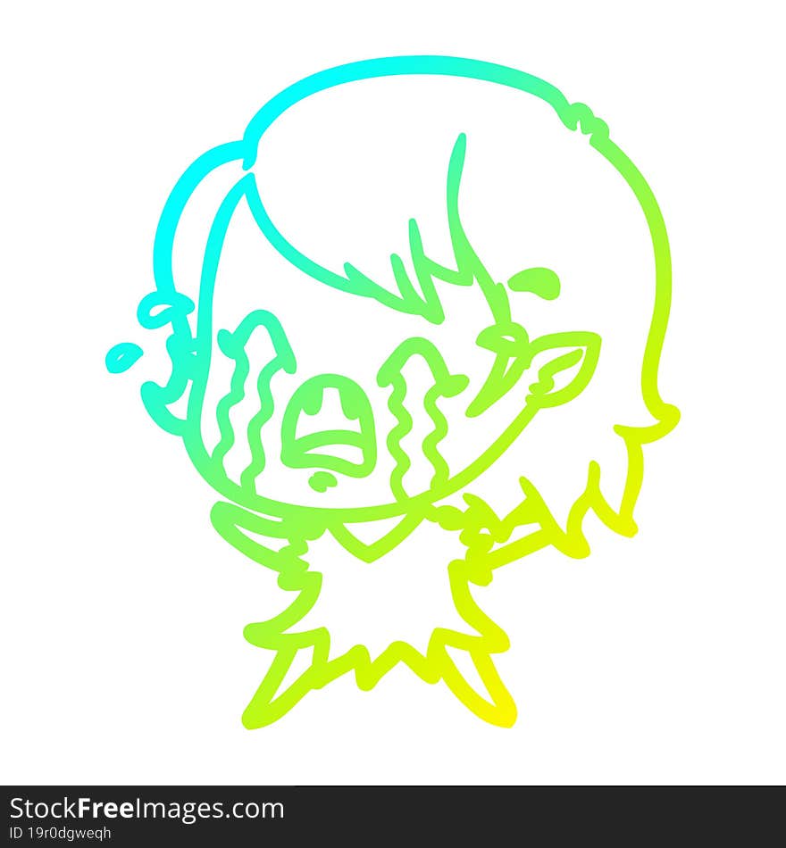 Cold Gradient Line Drawing Cartoon Crying Vampire Girl