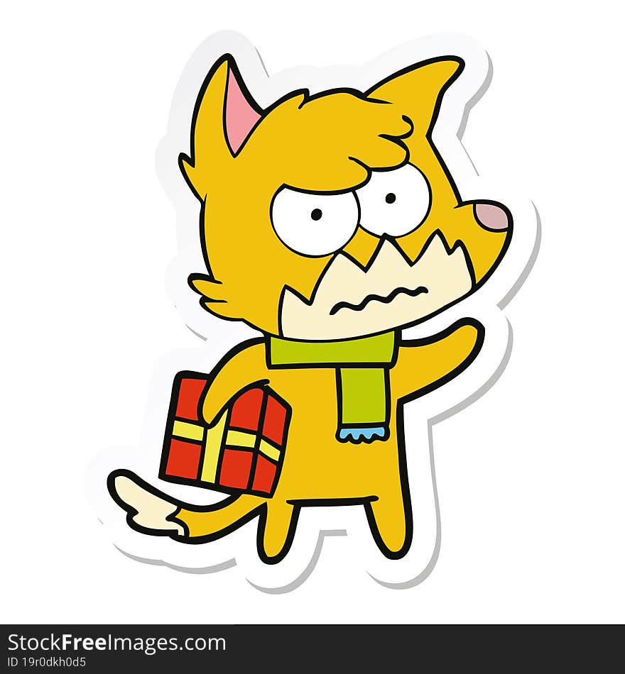 sticker of a cartoon annoyed fox carrying gift