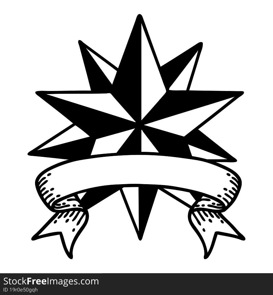 black linework tattoo with banner of a star