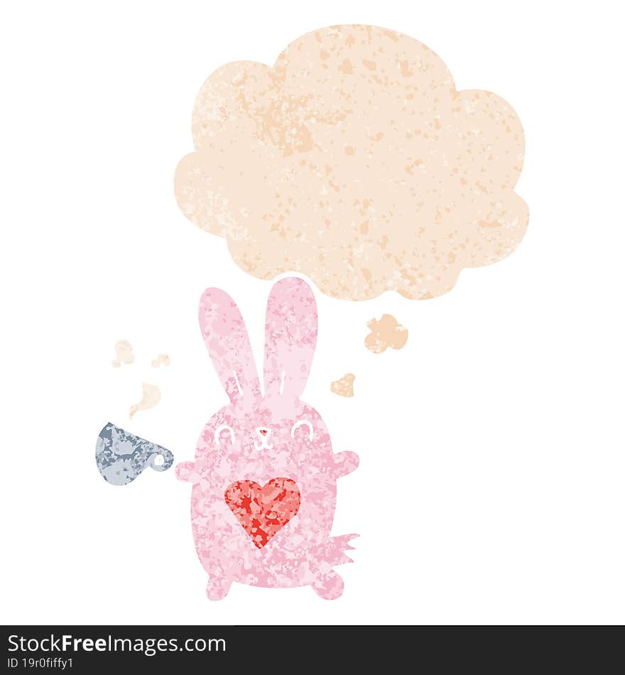 cute cartoon rabbit with love heart and coffee cup with thought bubble in grunge distressed retro textured style. cute cartoon rabbit with love heart and coffee cup with thought bubble in grunge distressed retro textured style