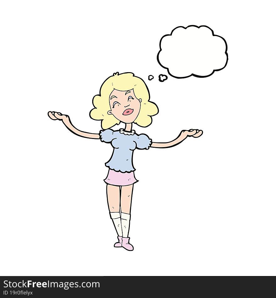 cartoon woman taking praise with thought bubble