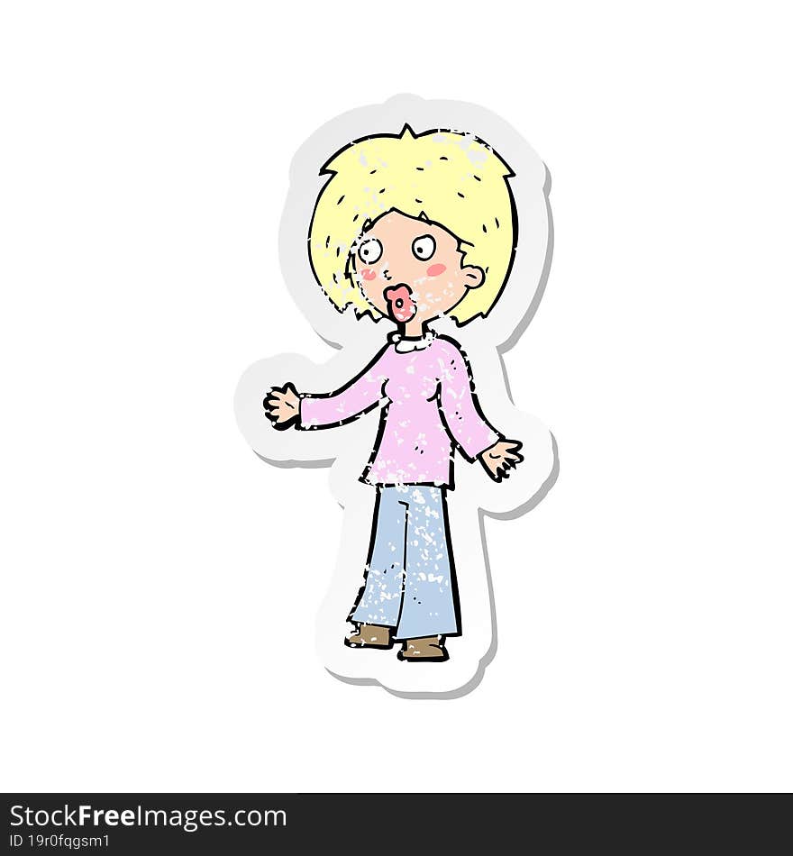 retro distressed sticker of a cartoon surprised woman