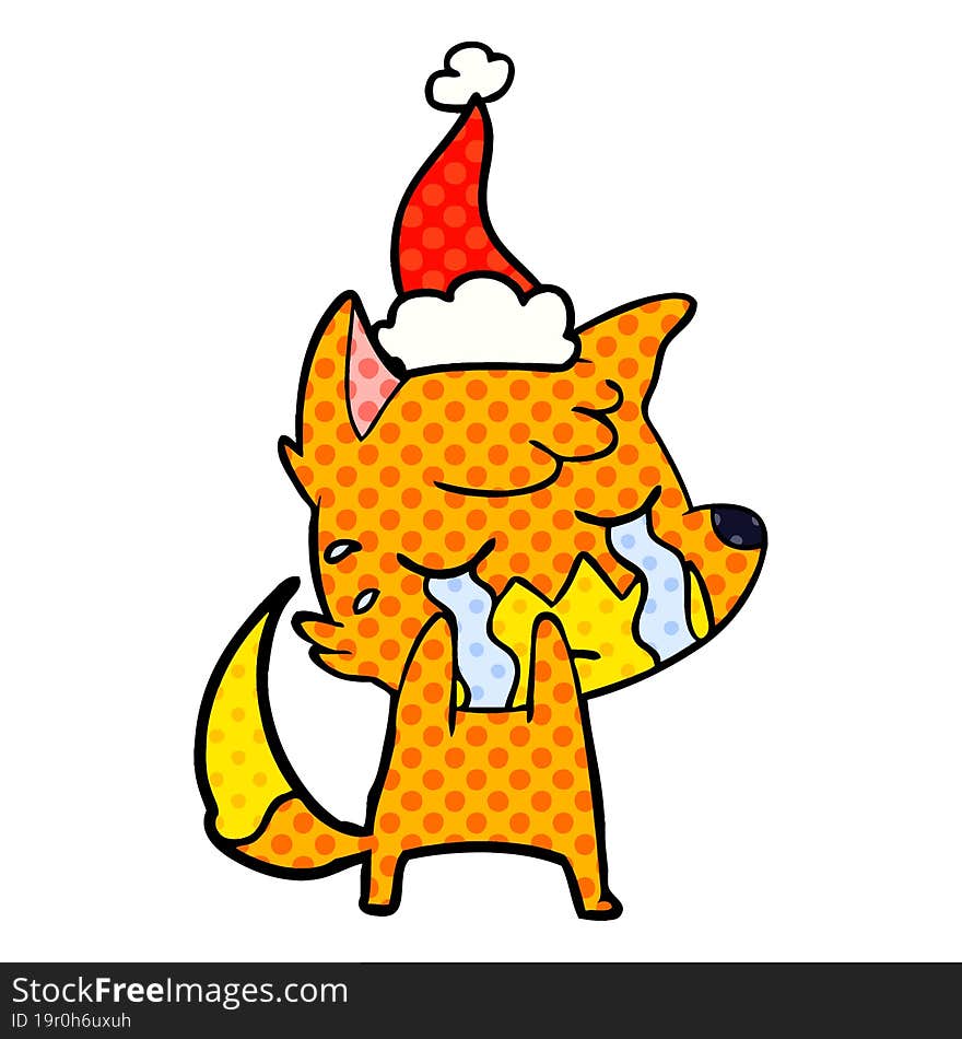 crying fox comic book style illustration of a wearing santa hat