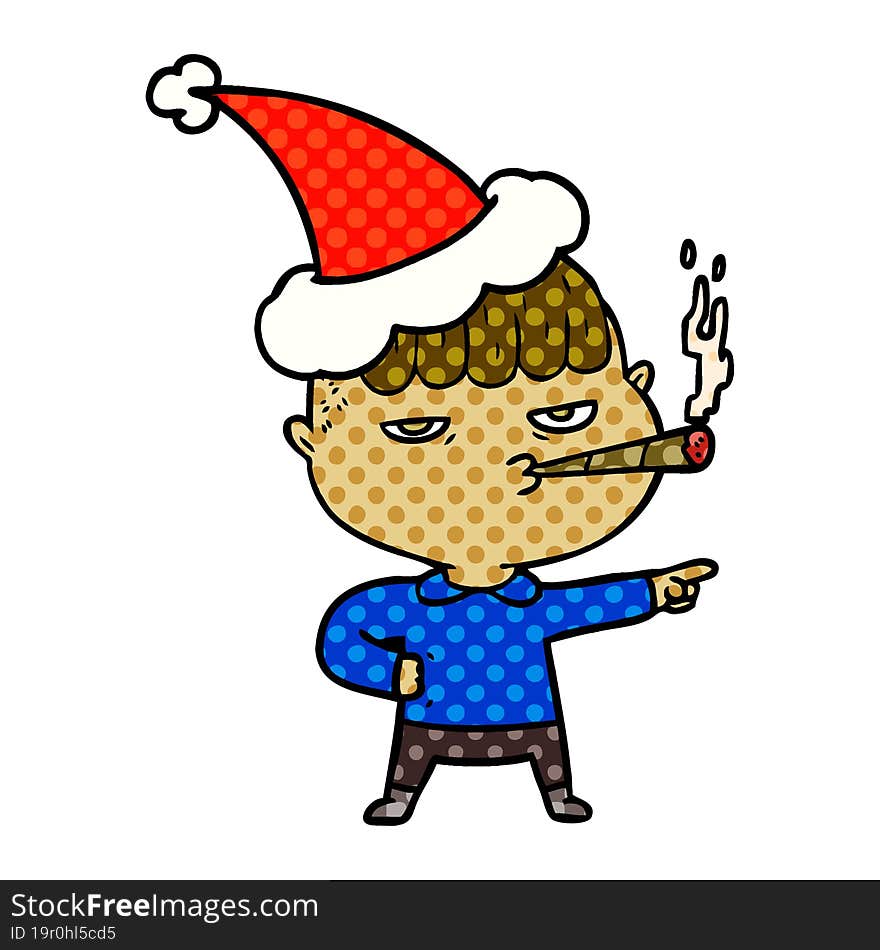 comic book style illustration of a man smoking wearing santa hat