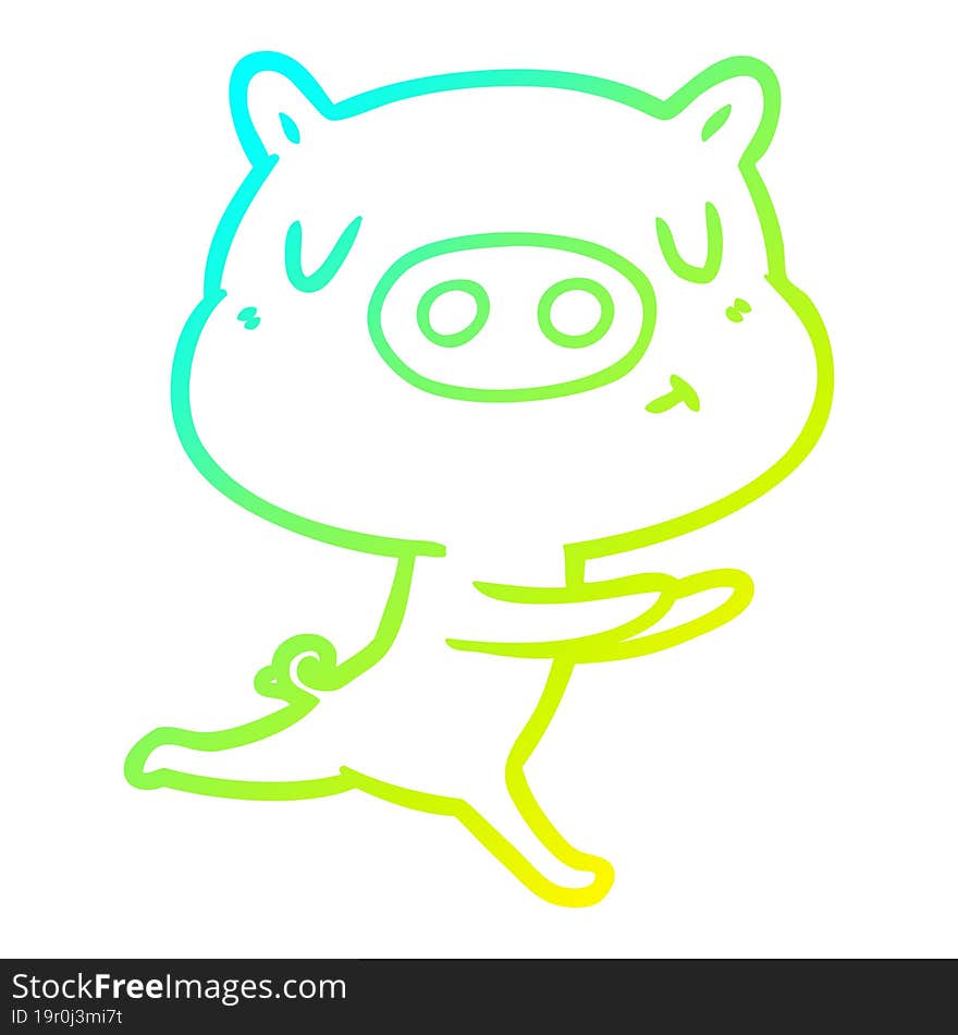 cold gradient line drawing of a cartoon content pig running