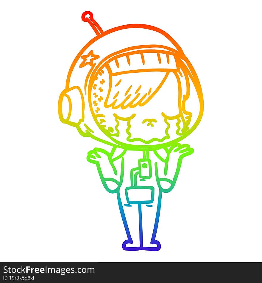 rainbow gradient line drawing cartoon crying astronaut girl