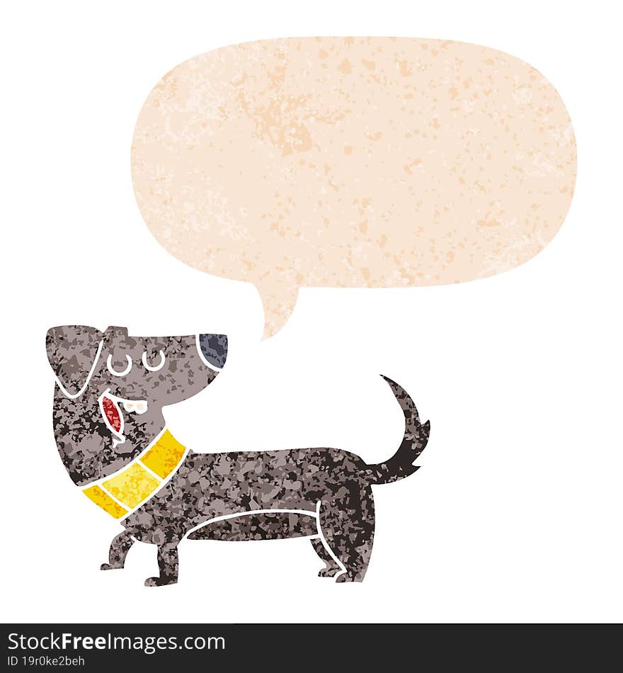 cartoon dog with speech bubble in grunge distressed retro textured style. cartoon dog with speech bubble in grunge distressed retro textured style