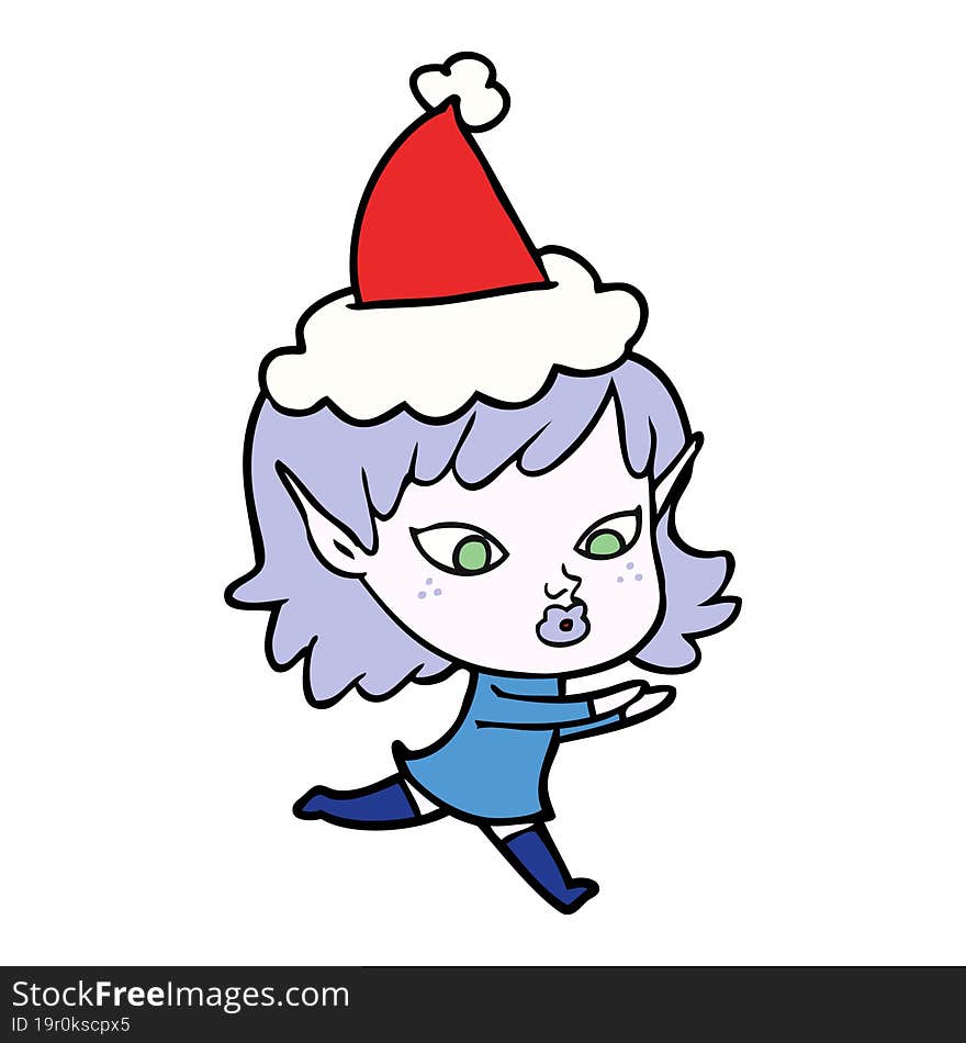 pretty line drawing of a elf girl wearing santa hat