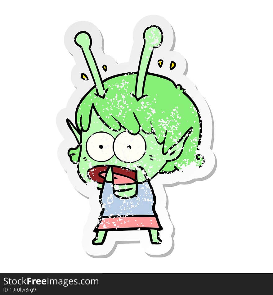 distressed sticker of a cartoon shocked alien girl