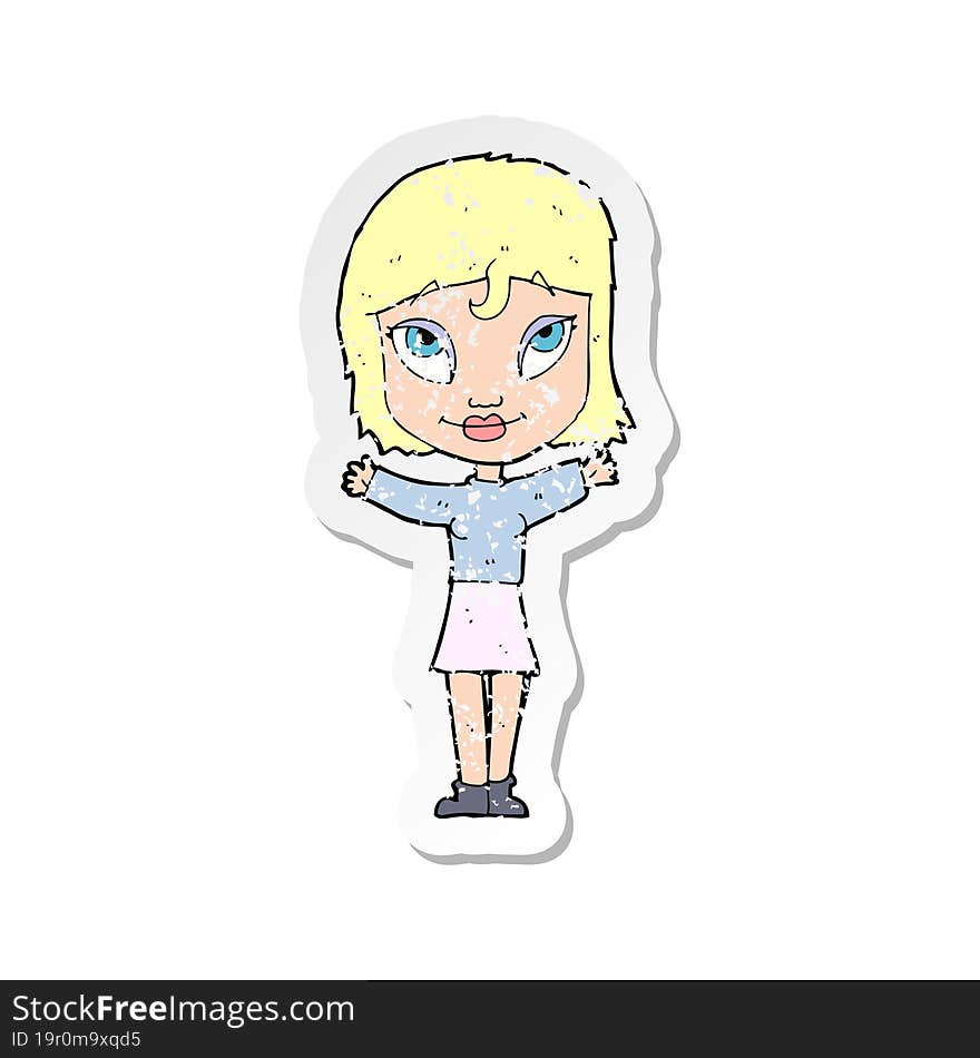 retro distressed sticker of a cartoon woman with open arms