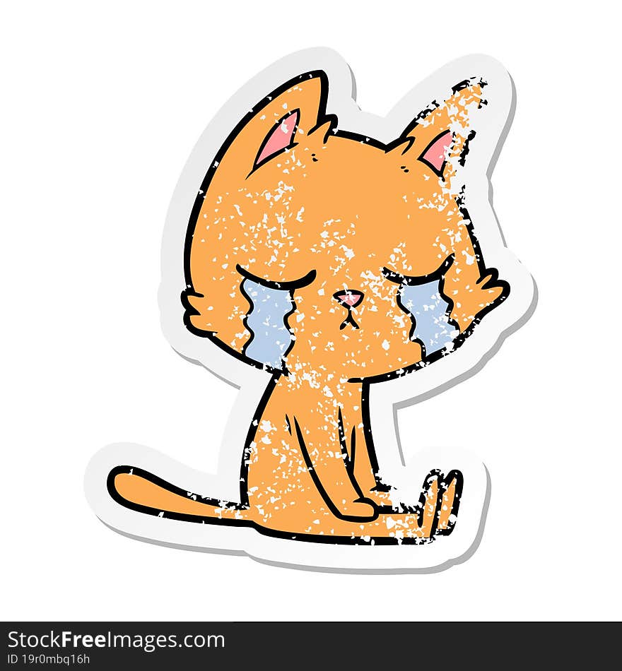 distressed sticker of a crying cartoon cat sitting