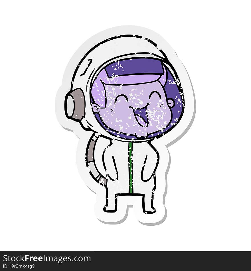 distressed sticker of a happy cartoon astronaut