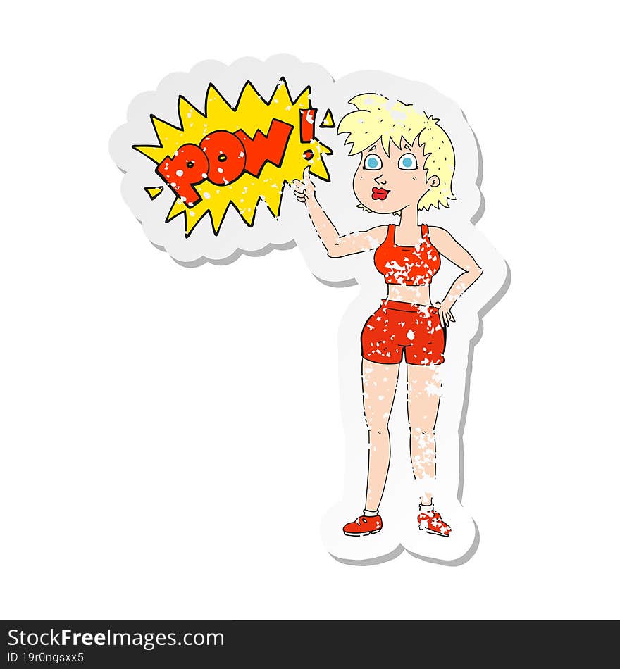 retro distressed sticker of a happy gym woman giving thumbs up symbol