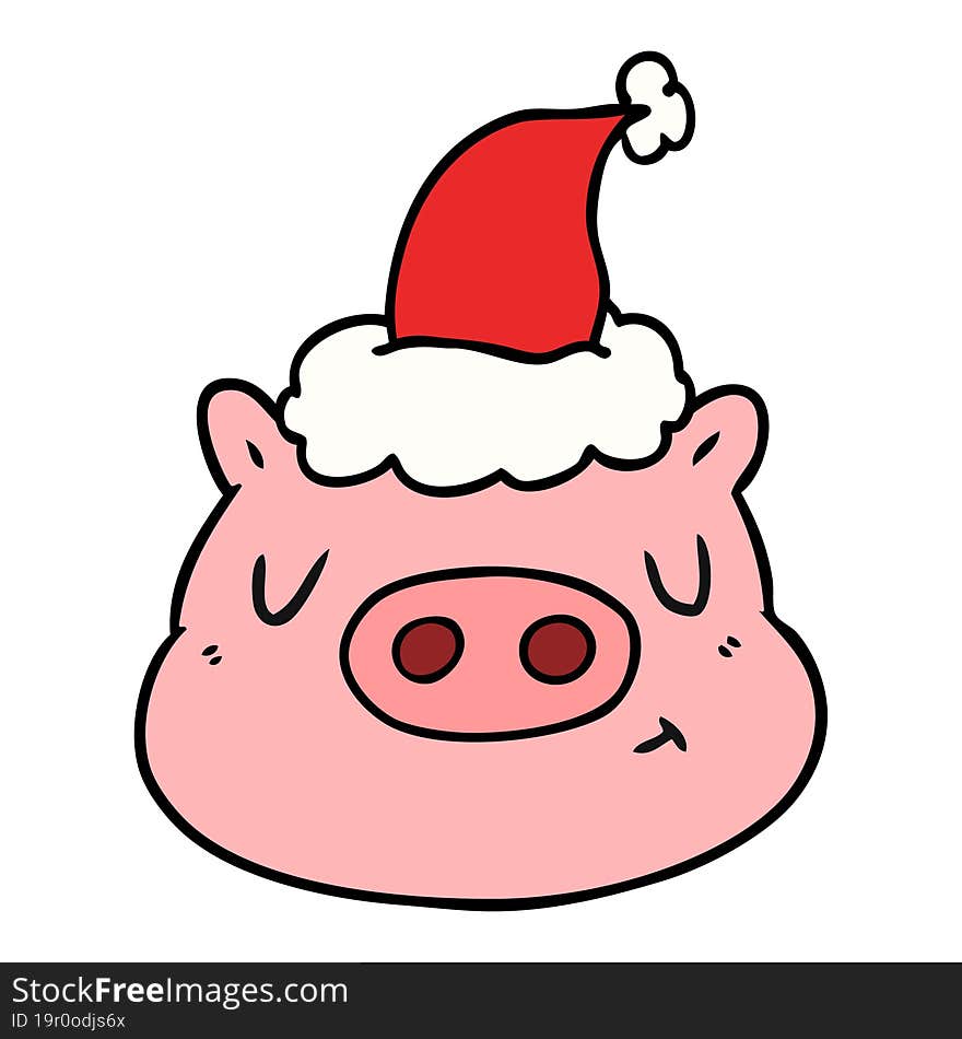 hand drawn line drawing of a pig face wearing santa hat