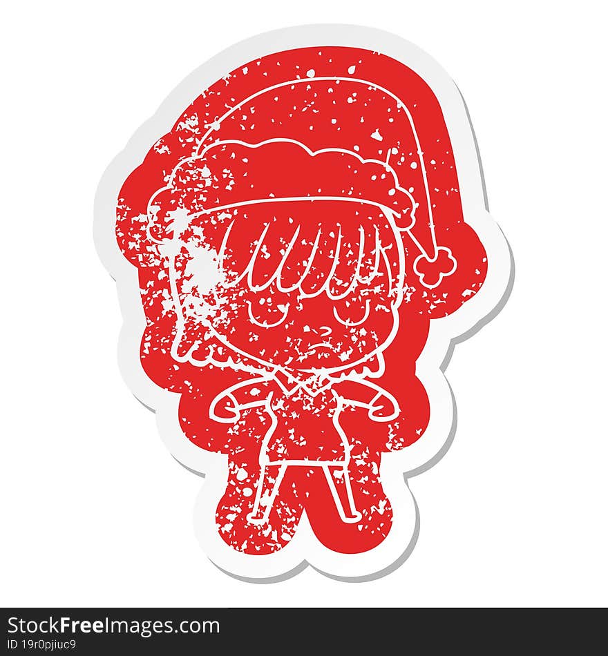 cartoon distressed sticker of a woman wearing santa hat