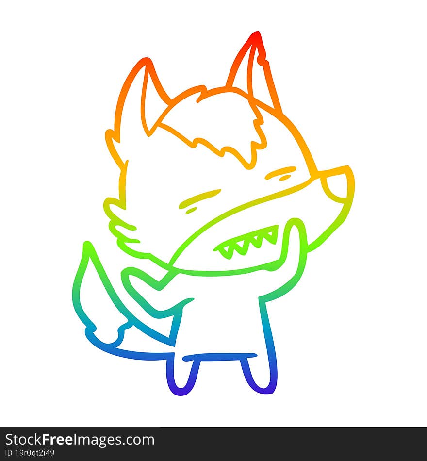 rainbow gradient line drawing of a cartoon wolf showing teeth