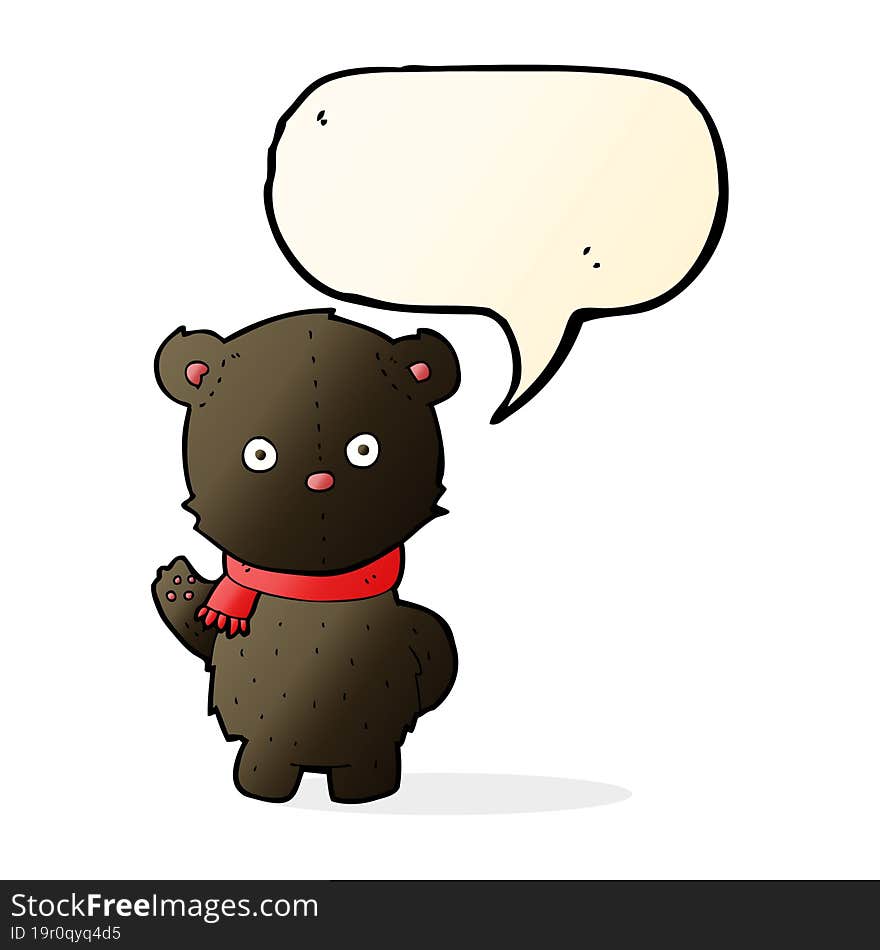 cartoon waving black bear cub with speech bubble