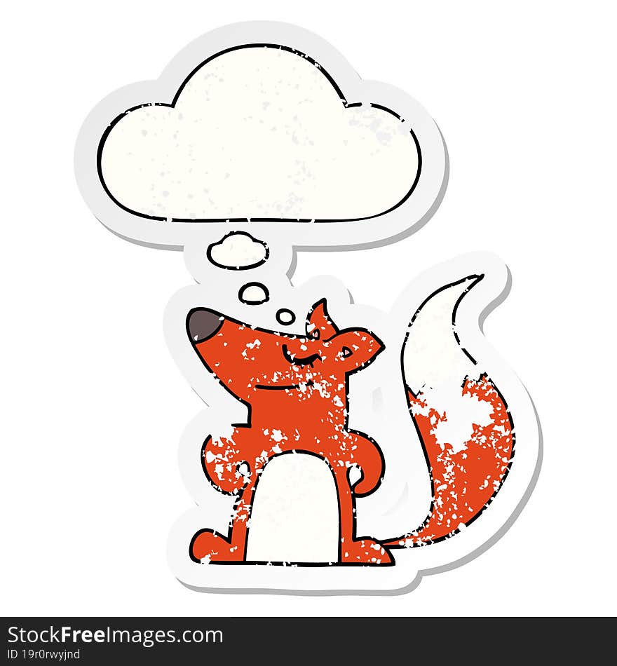 cartoon fox and thought bubble as a distressed worn sticker