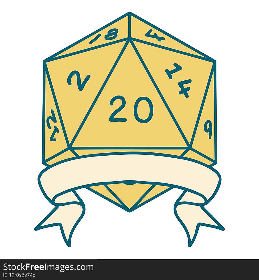 Retro Tattoo Style natural 20 critical hit D20 dice roll. Retro Tattoo Style natural 20 critical hit D20 dice roll