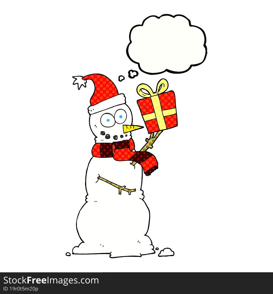 thought bubble cartoon snowman holding present