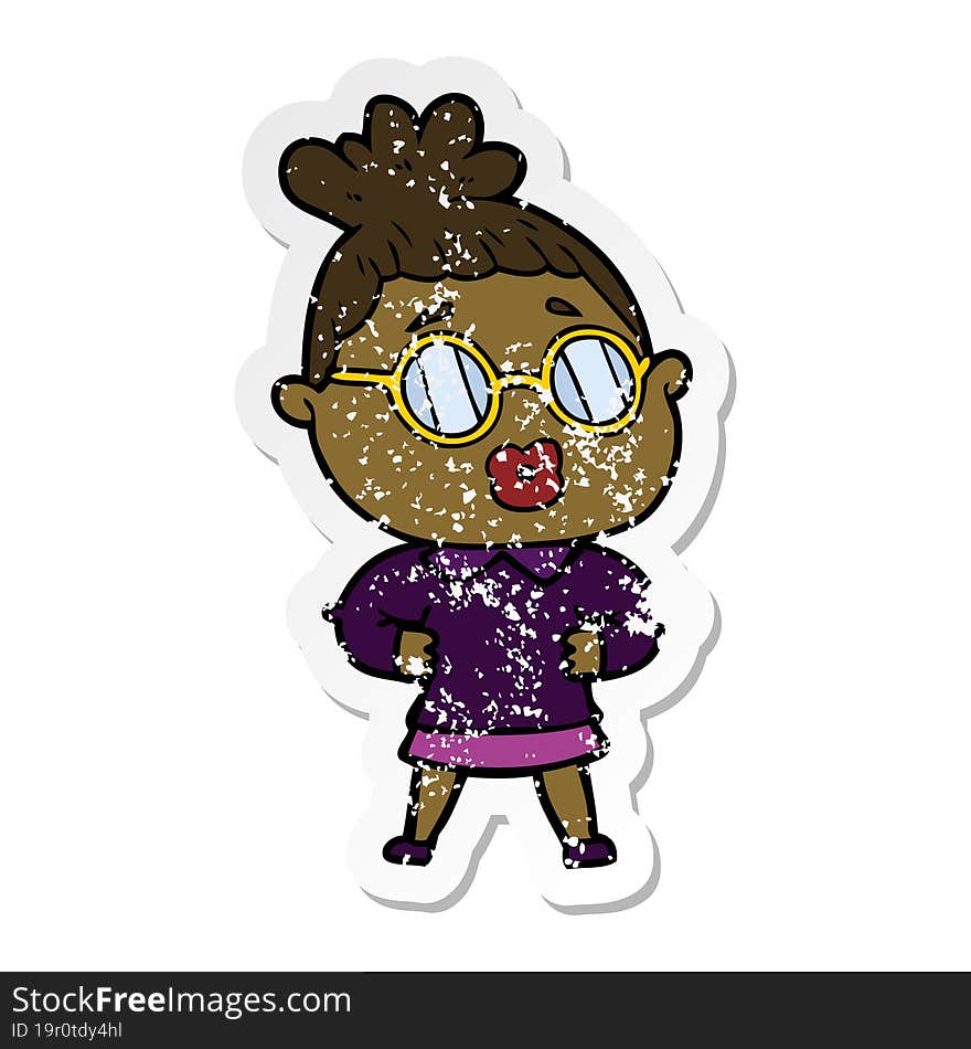 distressed sticker of a cartoon woman wearing spectacles