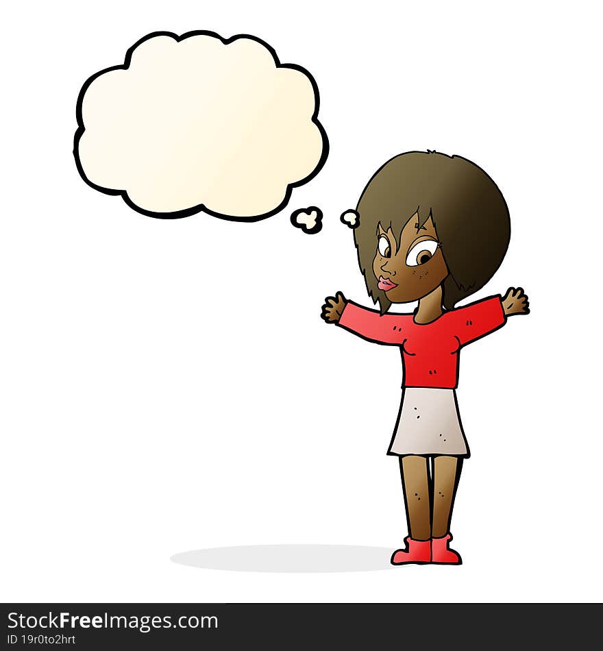 cartoon woman with open arms with thought bubble