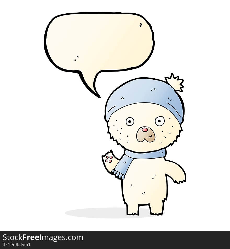 cartoon waving polar bear with speech bubble