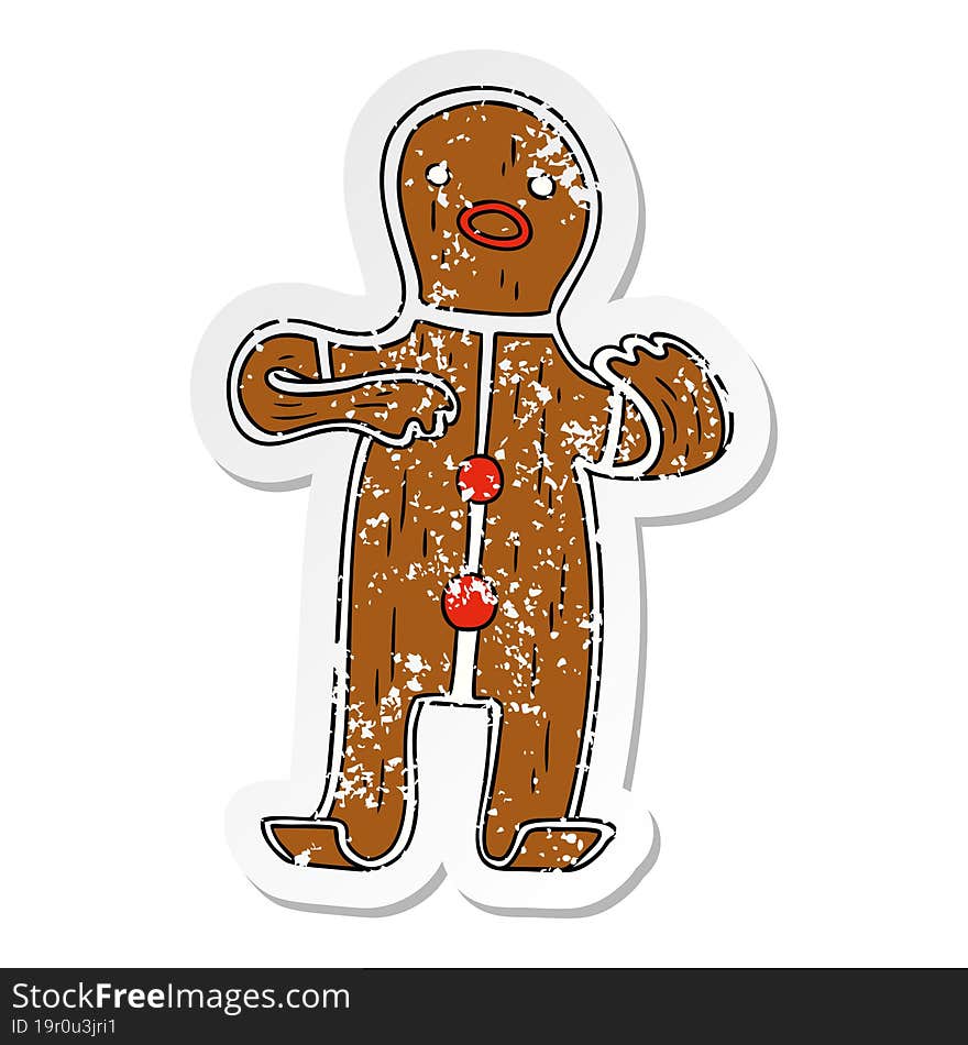 distressed sticker cartoon doodle of a gingerbread man