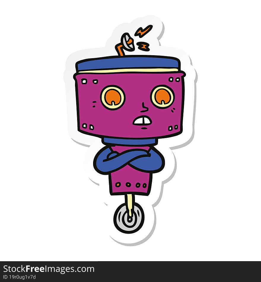 sticker of a cartoon robot with crossed arms