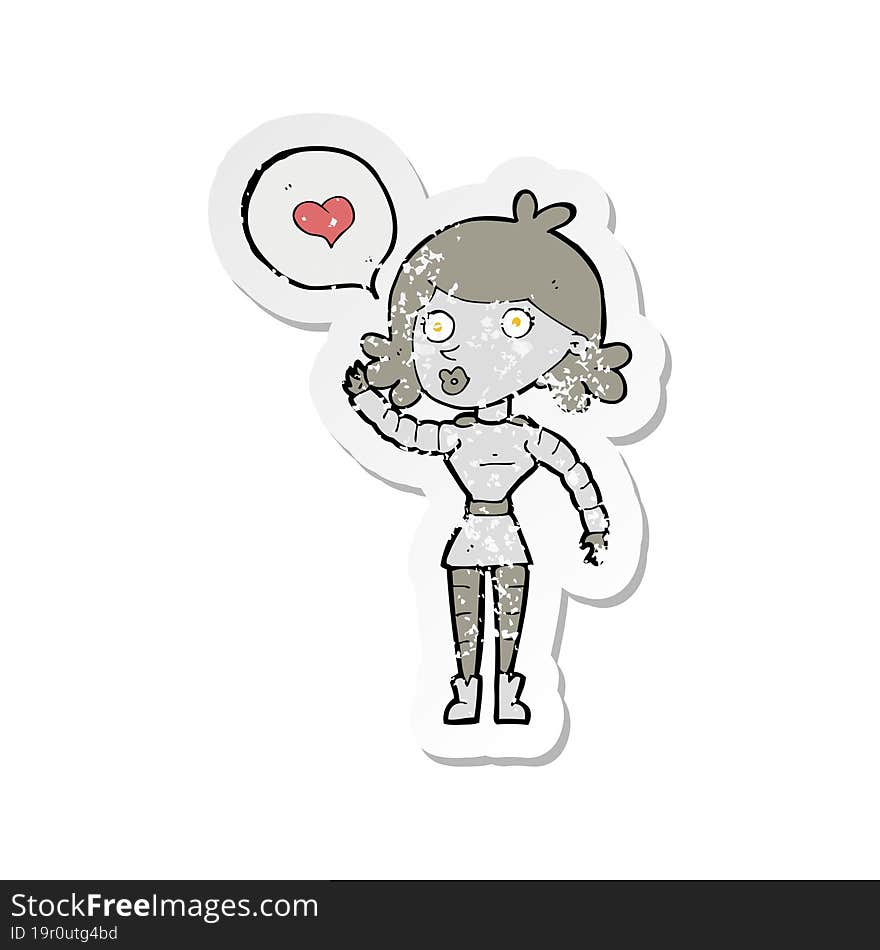 retro distressed sticker of a cartoon robot woman