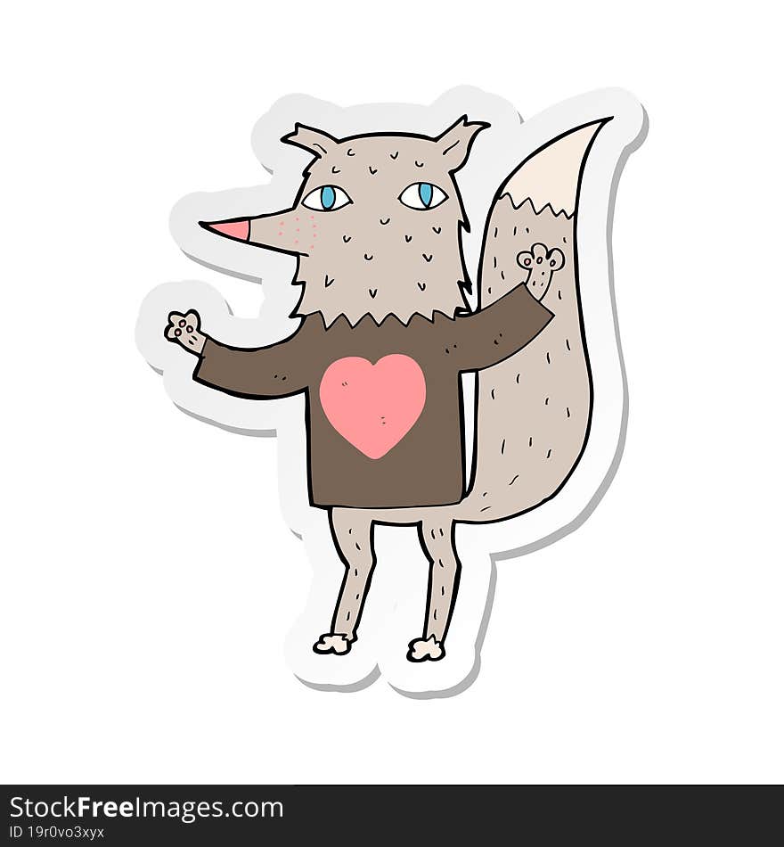 sticker of a cartoon wolf with love heart tee